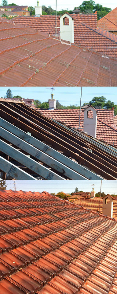 CLAY TILE ROOF REPLACEMENT IN MT LAWLEY Top photo - before works. Middle photo - roof tiles removed and structural works in progress. Base photo - New clay titles fitted and ridge capping bedded and pointed.